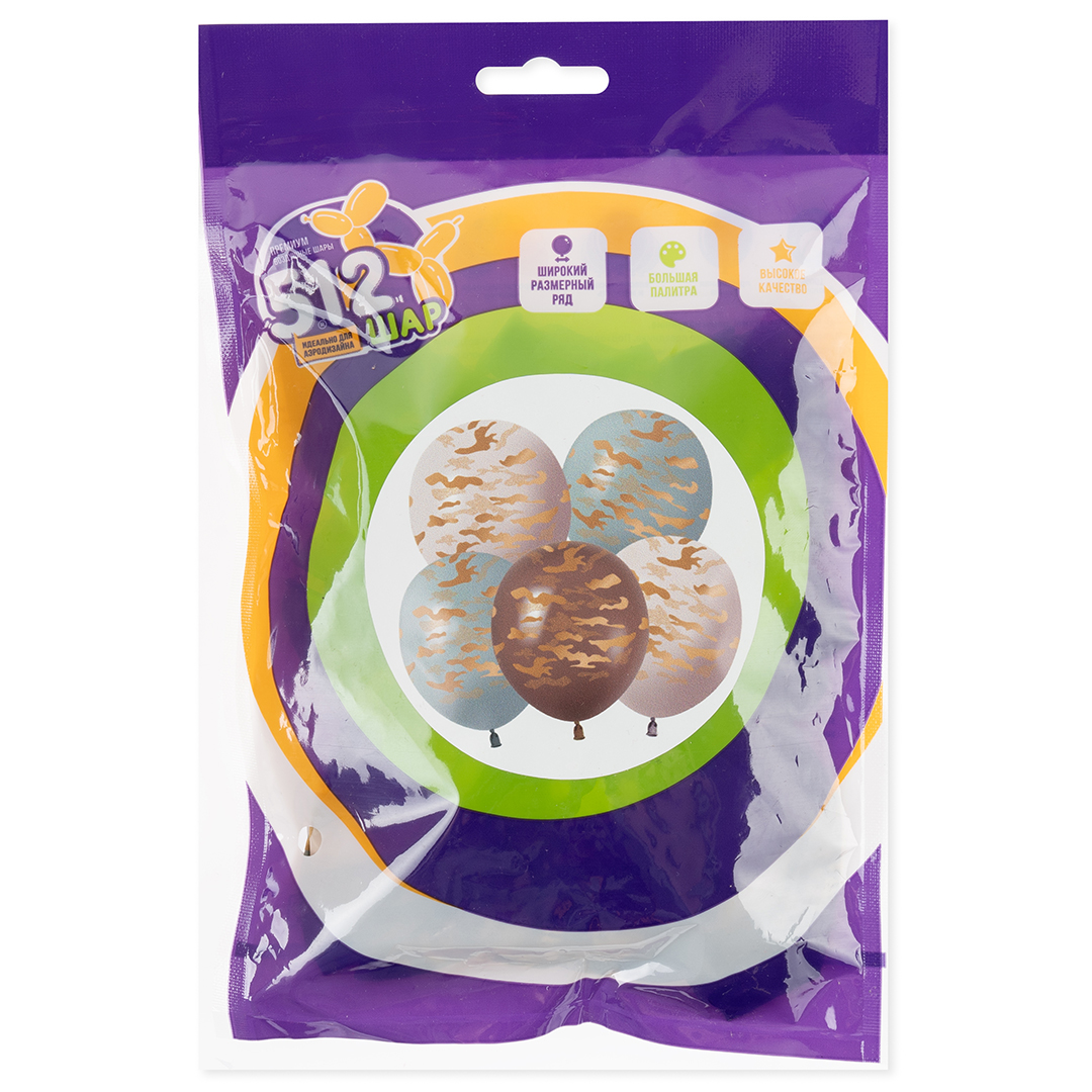 Шар (12''/30 см) Золотой камуфляж, Ассорти, пастель, 5 ст, 25 шт.